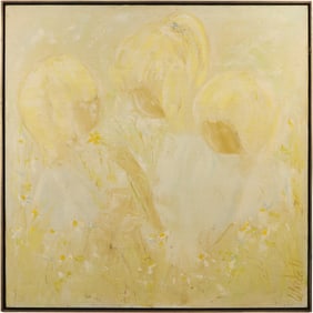 Signed Woodall, Mid-Century Modern Yellow Abstract with Figures Oil on Canvas Painting