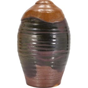 Signed Moty, 2-Tone Brown Glaze Bottle / Vase 9.5 in. height x 5.5 in. wide
