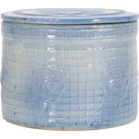 Circa 1900 Blue & White "Basketweave & Daisy" Stoneware Butter Crock Salt Glaze 5 in. x 7 in.