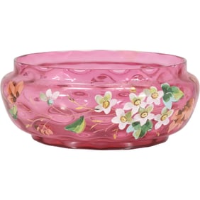 Antique Moser Mt Washington Cranberry Optic Enamel Glass Floral Serving Bowl 8.5 in. diameter