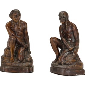 ANTIQUE BRONZE CLAD AMERICAN INDIAN BOOKENDS, THE HUNTER, w/ BOW & ARROW and BIRD
