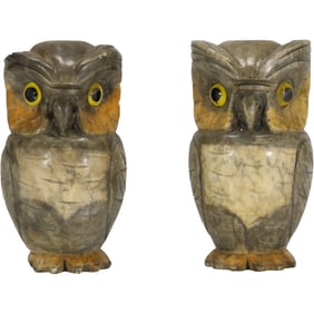 Pair Heavy Colored Alabaster OWL Figure Statues 9 in. height x 6 in. wide