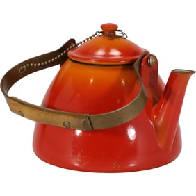 Vintage Descoware Cast Iron Tea Kettle Made in Belgium in Red Orange Enamel and Copper & Wood Handle