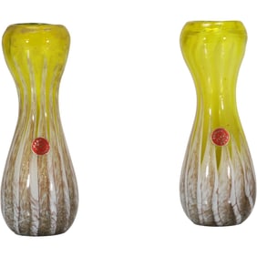 2 Murano Itaian Art Glass Vases yellow, brown and white, Original Label 8 in. height x 3 in. wide