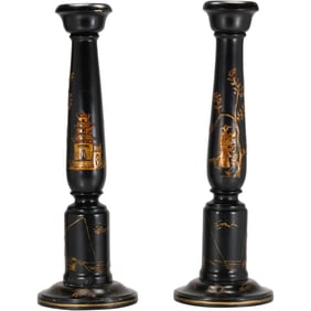 Pair Vintage Tall Wooden Candlesticks Black & Gold Chinoiserie Japanese 18 inches height x 7 in. w.