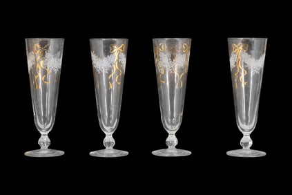 Set 4 VINTAGE Libbey Champagne Flute Short Stem Glasses Roses Bows Gold