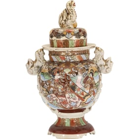 Antique Japanese Satsuma Handpainted Porcelain Covered Jar with Foo Dogs 16 in. height