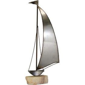 Signed DeMott, Mid-Century Modern Metal Sailboat mounted on a Stone Base 15 in. height
