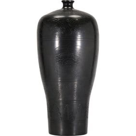 Tall Black Ceramic Vase with incised decoration all around 14.5 in. height x 7 in. wide.