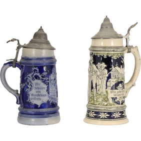 2 Vintage German Stoneware Steins, Blue & White, Scenic Panels 12 in. height x 6 in. wide