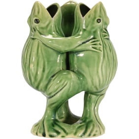 Green Majolica Ceramic Three Frogs Vase, Made in Japan 8 in. height x 7 in. wide