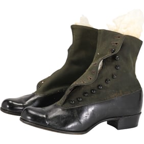 Pair Ladies Victorian Green and Brown Leather Heal Shoes, Niagara Shoe Co. Makers Buffalo NY