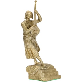 19th C. Cast Metal Figure Playing a Lute Instrument 15 in. height x 7 in. wide