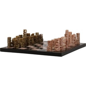 Vintage Carved ONYX CHESS SET with Onyx Stone Board, 14 in. dia.