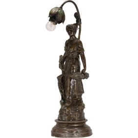 Antique Cast Metal Spelter Peasant Woman Figural Lamp "Fermiere" 19 in. height x 7 in. wide