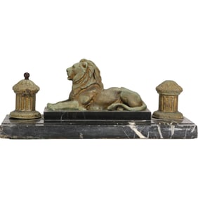 19th C. "Lion Monument" Double Inkwell, Cast Metal Spelter mounted on Black Marble Base 18 in. l.