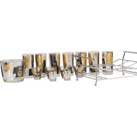Set 12 Sleek Bold Gold and Black Highballs, Whisky Glasses, Ice Bucket in Caddy Cera Coin Pattern