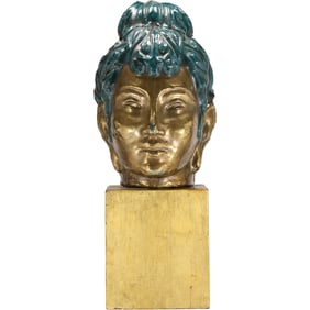 Terra Cotta with Bronze Clad Bust of Woman Sculpture on Base, Polychrome Patina 20 in. height