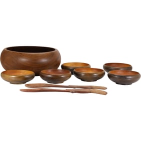 Mid-Century Modern Teak Wood Salad Bowl, 6 Smaller Salad Bowls And Teak Wood Utensils