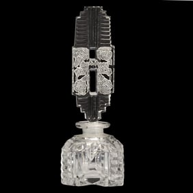 Vintage Irice Art Deco Glass Perfume Bottle with Etched Roses 6 inches height