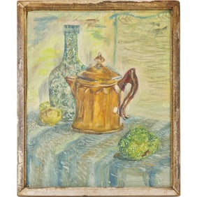 Vintage Oil on Board Painting Still Life with Tea Kettle and Bottle