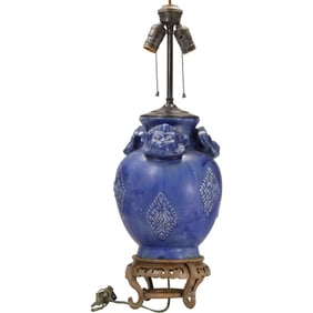 Old Chinese Yuan Dynasty Blue Glaze Pottery Vase / Table Lamp with Monkey Heads