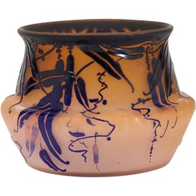 Signed Dok, Art Nouveau Cameo Art Glass Vase, pink orange and blue 5 in. x 7 in.
