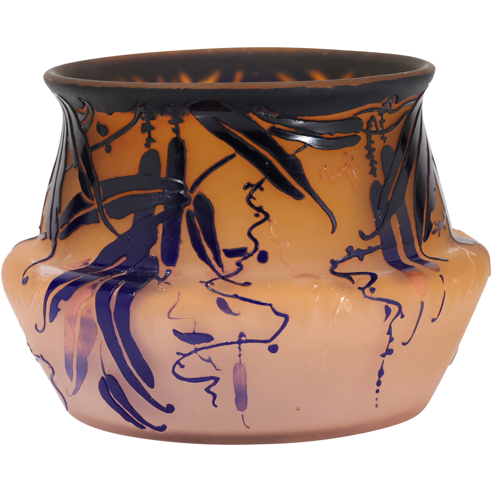 Signed Dok, Art Nouveau Cameo Art Glass Vase, pink orange and blue 5 in. x 7 in. (1 of 20)