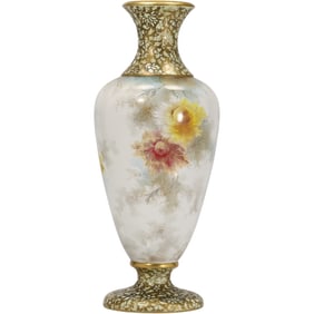 19th C. Brownfield's England Tall Fine Porcelain Vase with Flowers 15 in. height x 8 in. wide