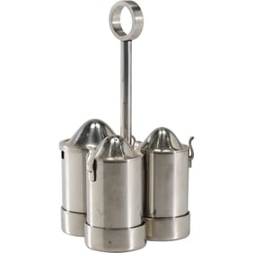 Georg Jensen stainless steel condiment set, likely designed by Arne Jacobsen, Made in Denmark