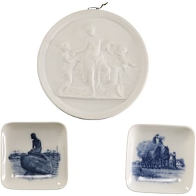 Royal Copenhagen 2 Porcelain Scenic Dishes and 1 Round Bisque Bas Relief Plaque