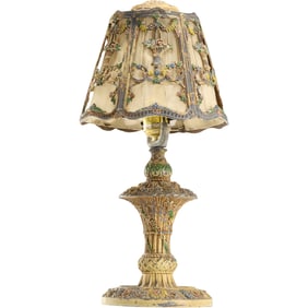 Antique 1920s Fancy Cast Framed Shade Boudoir Lamp Basket of Flowers Motif 16 in. height