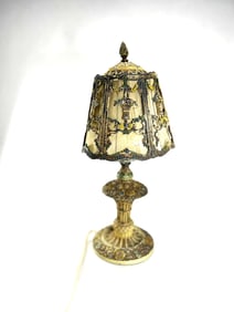 Antique 1920s Fancy Cast Framed Shade Boudoir Lamp Basket of Flowers Motif 16 in. height