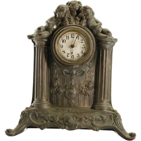 Antique Edwardian Precista Cast Metal Putti Cherubs Mantle Clock 9 in. height x 8 in. wide