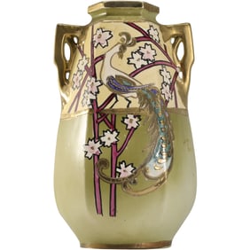 Circa 1920s Hand Painted Japanese Porcelain Vase with Peacock and Flowers 11 in. height x 7 in.