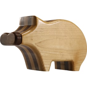 designed by Antonio Vitali handcrafted, pig-shaped piggy bank made of natural wood 10 in. length