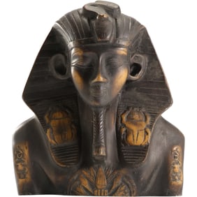 Cast Metal Spelter a funerary mask of the Egyptian Pharaoh Tutankhamun, Original Patina 7 in. x 8 in