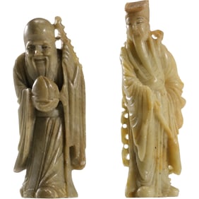 2 Chinese Soapstone Carvings of Shou Lao, The God of Longevity and Wiseman 4 in. height