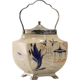 19th C. Pagoda Yeoman Silver Plated Hanley England Biscuit Jar Barrel Footed Top with Handle