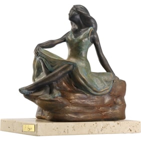 Marie Angies Anglada, Cast Metal Seated Woman Sculpture on stone base. Signature tag