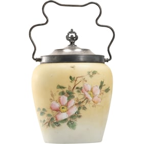 19th C. Mt Washington Victorian glass handpainted wild roses cracker biscuit jar, Vanbergh Silver Pl