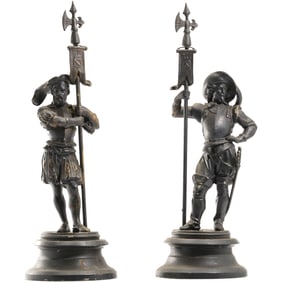 Pair 19th C. Cast Metal Spelter Spanish Conquistador Figural Sculptures 17.5 in. height