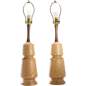 Pair Mid-Century Modern  Light Brown Ceramic Lamps,  Faux basket weave design
