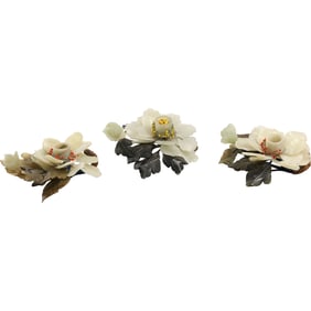 3 Multi Colors Carved Jade Flowers Candlestick Holders 7 inches wide