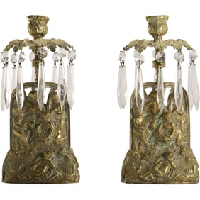Pair 19th C. Bronze French Girandole Candlestick Holders with Prisms, Marble Base 12 in. height