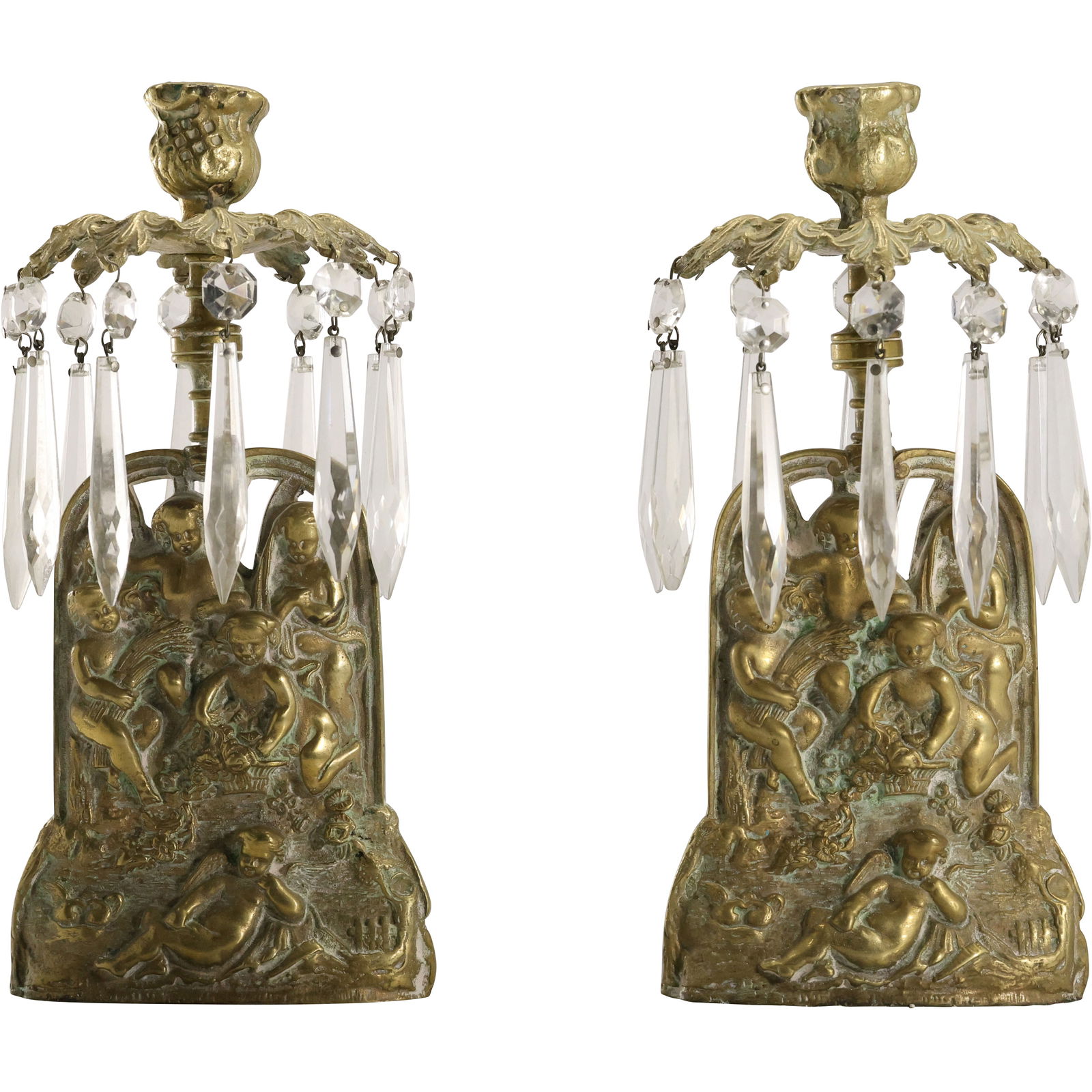 Pair 19th C. Bronze French Girandole Candlestick Holders with Prisms, Marble Base 12 in. height (1 of 13)