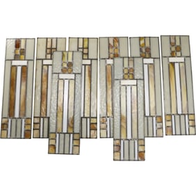 Set of 8 Matching Leaded Stain Glass Panels Style of Frank Lloyd Wright