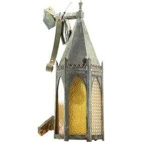 Bronze American Gothic Arts and Crafts Hanging Lamp Fixture with Amber Glass Panels, Wall Mount