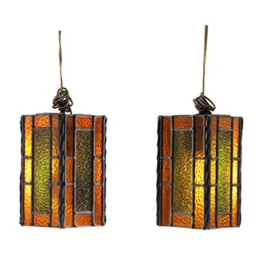 Pair Arts and Crafts Leaded Stain Glass Small Hanging Lights 8 in. x 5 in.