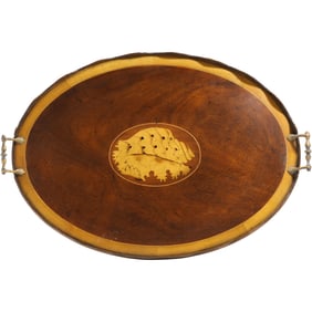 Mahogany Edwardian Oval Serving Tray with Shell Center Design 24 in. x 17 in.